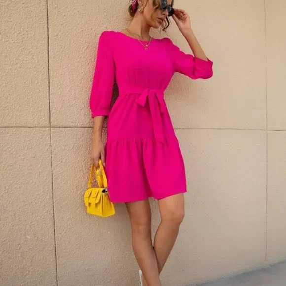 Hot Pink  Bishop Sleeve Ruffle Hem Belted Dress - Picture 5 of 12